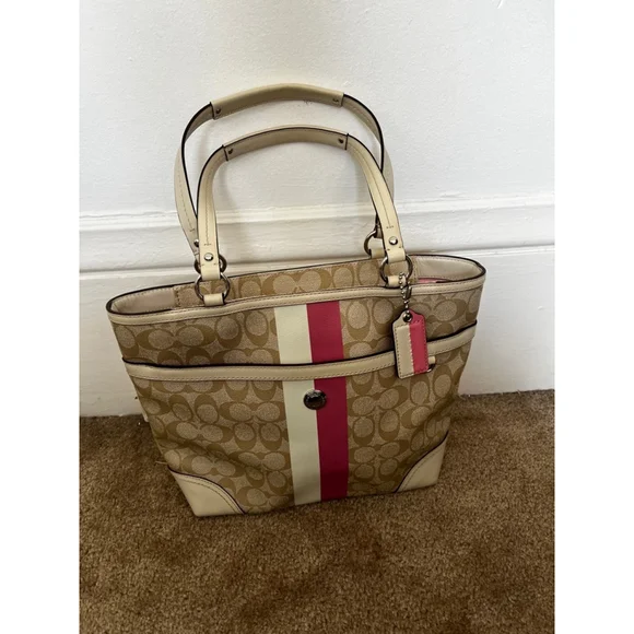 Coach Chelsea Leather Signature Heritage Logo Stripe Pink Beige Tote Bag - Picture 5 of 16
